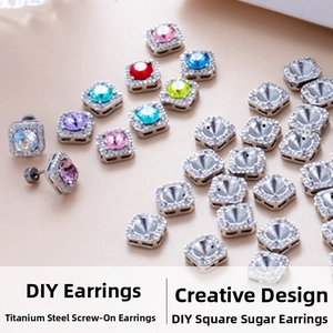 Macro display of square zircon titanium steel screw-back earrings in multiple colors