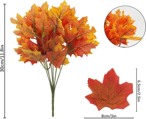 Detailed view showing dimensions of orange artificial maple leaf branches for home decor