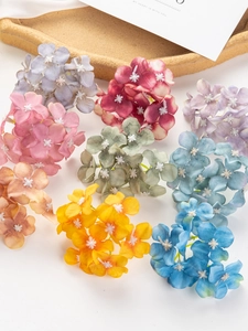Detailed close-up of colorful artificial hydrangea heads in pink, blue and purple silk material