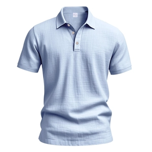 Close-up of light blue linen polo shirt collar showing 95% linen fabric texture