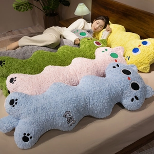 Long soft cartoon cat plush pillow in multiple colors for home decor and sleeping