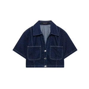 Short-sleeve denim shirt jacket with dual chest pockets in classic dark blue wash