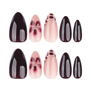 Set of 3D almond press-on nails with purple floral patterns and leopard french tips
