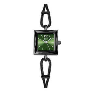 Detail of square black metal watch with green sunburst dial and woven rope strap