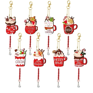 Set of 8 festive Christmas cup-shaped pendants with diamond art and beaded tassels