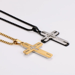 Fashionable layered cross pendant necklaces in gold, silver and black metal finishes