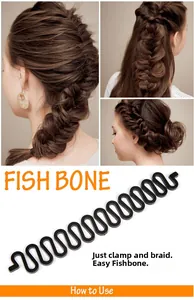 Macro view of black wave-shaped hair braider tool and step-by-step fishbone styling guide