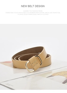 Detail of khaki leather belt showing golden rectangular buckle and fine stitching