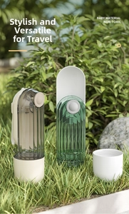 Macro view of portable dog water bottle showing baby grade material and push button