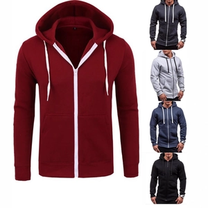 Men Zip Up Hoodie Sweatshirt Full Zipper Drawstring Hooded Jacket Casual Long Sleeve Polyester Solid Color