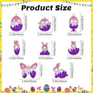 Size chart for 8 rainbow Easter pop it fidget toy keychains with eggs and bunnies