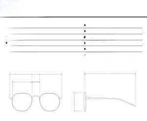 Detailed size chart for irregular metal sunglasses showing frame width and lens height
