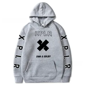 Detail of grey Mama Est 2025 Coquette hoodie featuring XPLR Sam & Colby chest logo print