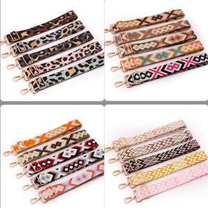 Wide Replacement Bag Strap Bohemian Ethnic Pattern Adjustable Woven Nylon Shoulder Belt Gold Metal Buckle