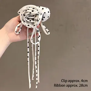 Rose Flower Hair Claw Clip Fabric Polka Dot Long Streamers Tassel Elegant French Retro Hair Accessory For Women