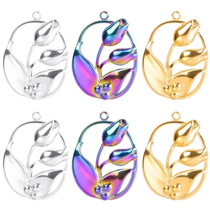 Vintage Stainless Steel Tulip Flower Pendant Necklace Gold Silver Iridescent Floral Hollow Round Charm Jewelry For Women Gift