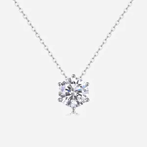 Elegant 925 Sterling Silver Moissanite Pendant Necklace For Women Six Prong Round Cut Sparkling Diamond Choker Clavicle Chain Jewelry Gift