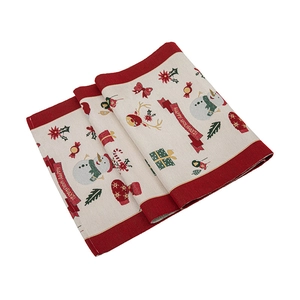 Beige Christmas table runner with red borders and Happy Holidays text on white background