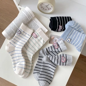Japanese style striped cotton crew socks with vintage letter labels in multiple colors