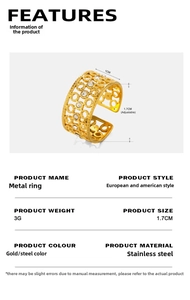 Detail view of 18K gold plated stainless steel hollow ring with 1cm width and rhinestones