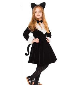 Kids black velvet cat costume dress with cat ear headband and bow tie for Halloween
