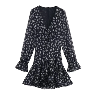 Floral Print Mini Dress Women Deep V Neck Long Ruffle Sleeve Tiered Hem Polyester Elegant Retro Style
