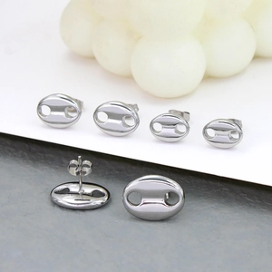Polished silver coffee bean stud earrings in stainless steel with butterfly backings