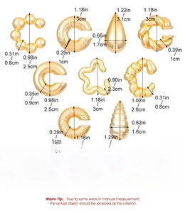 Detailed size chart showing dimensions for 9 styles of gold CCB teardrop hoop earrings