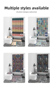 Close-up of bohemian mandala tile patterns on waterproof shower curtain and bath mat set