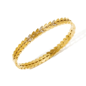 Bracciale rigido a forma di foglia placcato oro 18 carati con cristalli bianchi lucidi