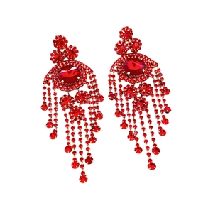 Vintage style red rhinestone fringe earrings with gold-tone base for glamorous evening wear