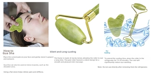 Detail view of rose quartz face roller set showing facial massage use and metal frame quality