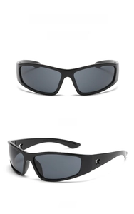 Front and side view of Y2K sporty black sunglasses with star cutout temple details