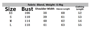 Detailed size chart for women's round neck knit cardigan jacket showing various measurements