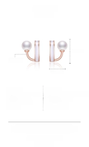 Detail showing 10mm wide U-shaped pearl earrings in rose gold finish with dimensions