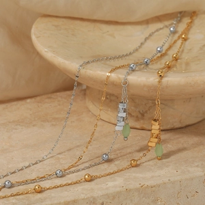 Double-layered stainless steel anklets in gold and silver with square pendants and stones