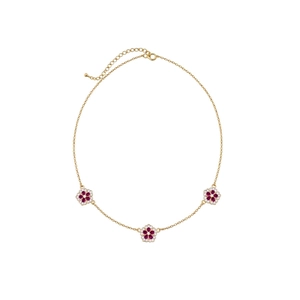 18K gold plated necklace with three floral pendants featuring red centers and diamonds