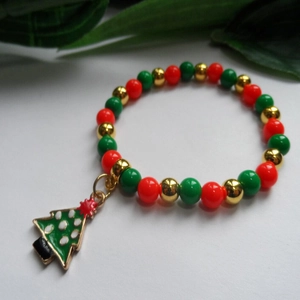 Christmas beaded bracelet with red green beads and a metal Christmas tree charm for women