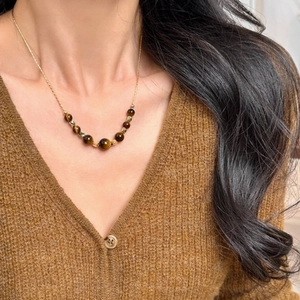 Real Gold Plated Tiger Eye Stone Beaded Necklace Vintage Adjustable Gradient Sweater Chain For Women Meillard Style