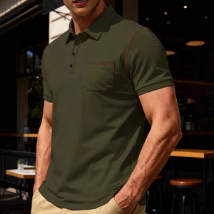 Men's olive green polo shirt with contrast stitching and chest pocket in outdoor setting
