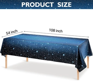Detailed view of the 54x108 inch rectangular starry night galaxy theme PE tablecloth