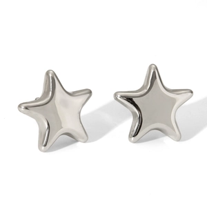 Detailed view of high-polished silver pentagram star earrings in a 3D geometric design