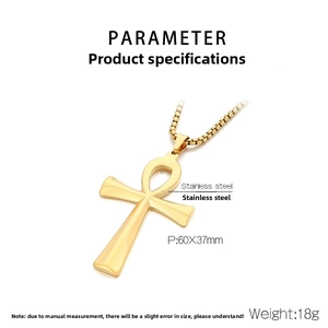 Detailed specs of gold Ankh pendant in stainless steel with 60x37mm dimensions