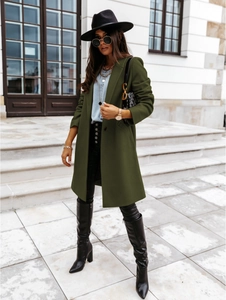 Detail of olive green wool coat featuring lapels and a single-breasted button design