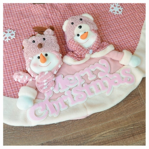 Pink Christmas tree skirt with 3D plush snowmen and embroidered Merry Christmas text