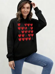 Women's black heart print hoodie with AMOUR letters and front kangaroo pocket