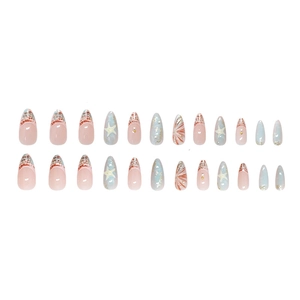 Ocean-themed almond press-on nails with 3D starfish, pearls and blue glitter finish