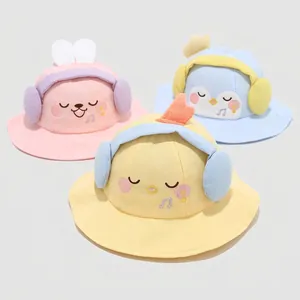 Three colorful cotton baby bucket hats with cute animal ear designs and musical note embroidery