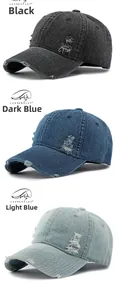 Detailed comparison of vintage distressed denim baseball caps in black and blue colors