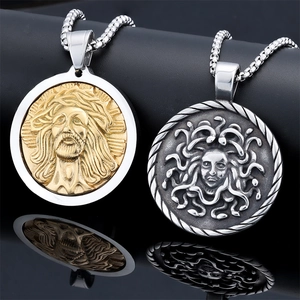 Polished stainless steel Medusa and Jesus medallion pendant necklace for men